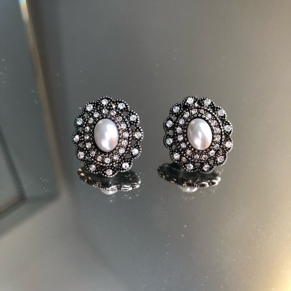 Silver Gem and Pearl Stud Earrings